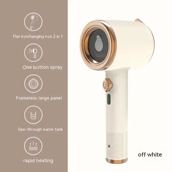  Off white travel steamer with see-through water tank, frameless panel, and steam button.