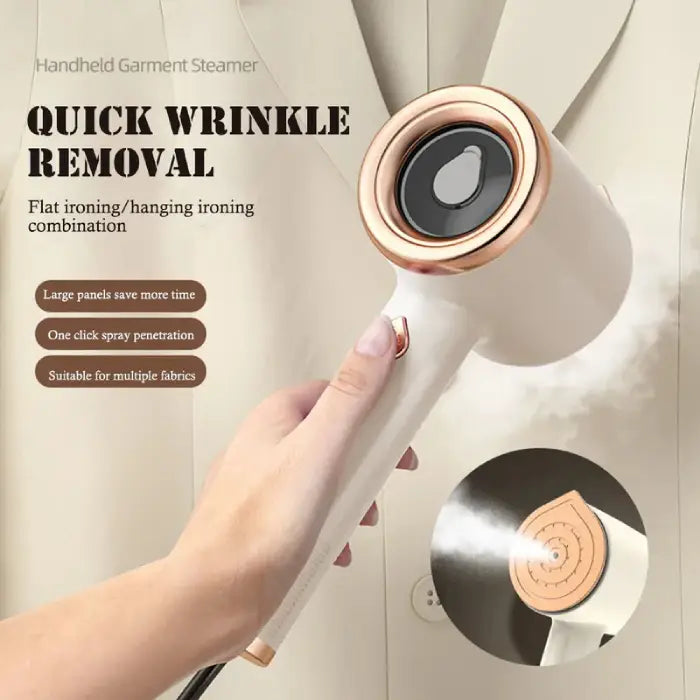  Travel steamer removing wrinkles from beige blazer with steam for smooth garment finish.