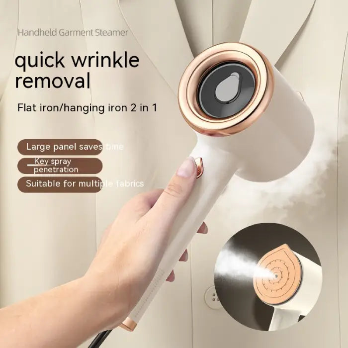  Travel steamer releasing steam onto jacket using 2-in-1 hanging and flat iron mode.

