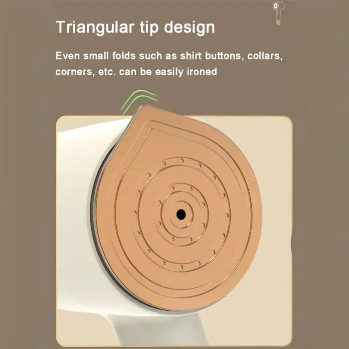 Travel steamer with triangular tip for easy ironing of shirt buttons, collars, and fabric corners.