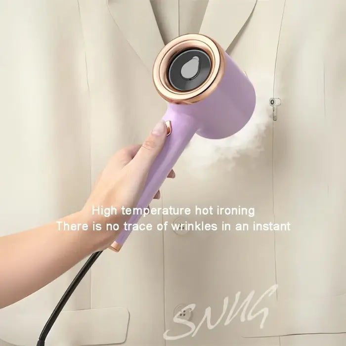Travel steamer used on beige coat showing instant wrinkle removal with high temperature steam.