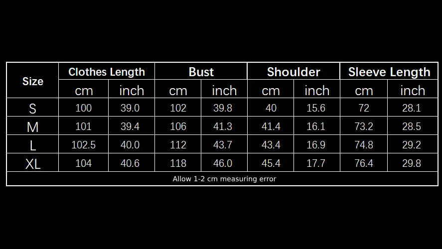 Size Chart for trench coat