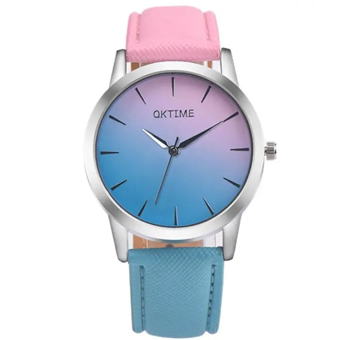 Modern women's watch with blue to purple gradient face and dual-colored leather band