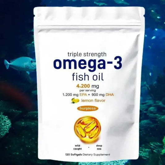 Triple strength omega-3 fish oil supplement package showing 4200mg dosage with lemon flavor and burpless formula