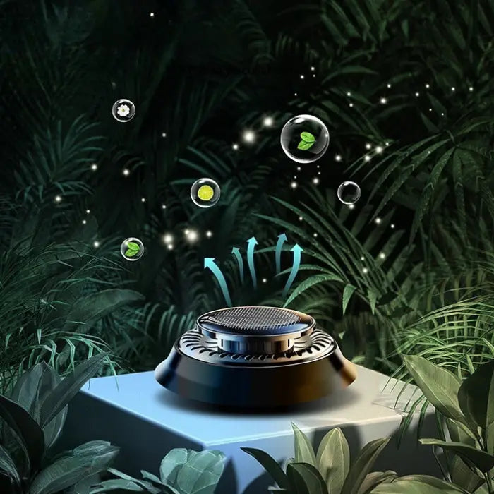 Solar car aromatherapy diffuser in tropical night setting with glowing essence particles and palm leaves