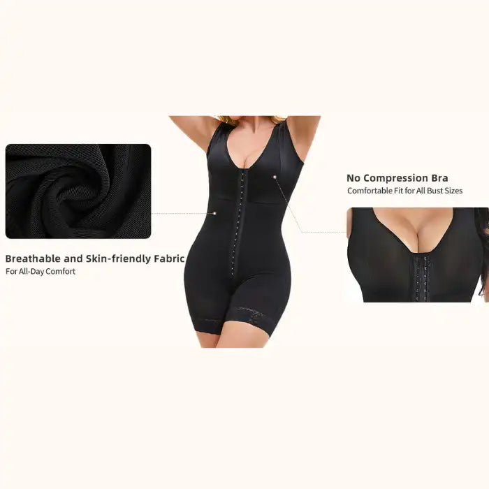 Breathable tummy control body shaper with skin-friendly fabric and bust-accommodating compression bra