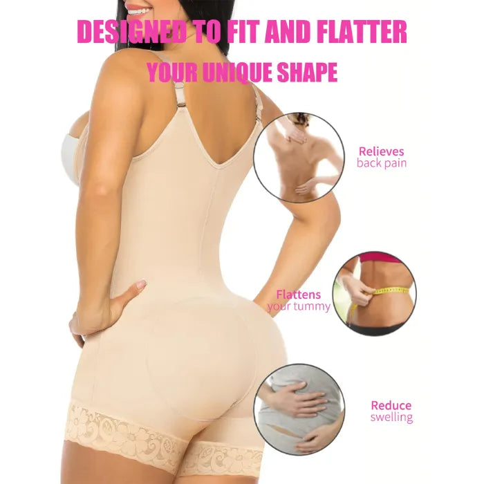 Tummy Control Bodysuit benefits showing relief for back pain, tummy flattening, and swelling reduction.