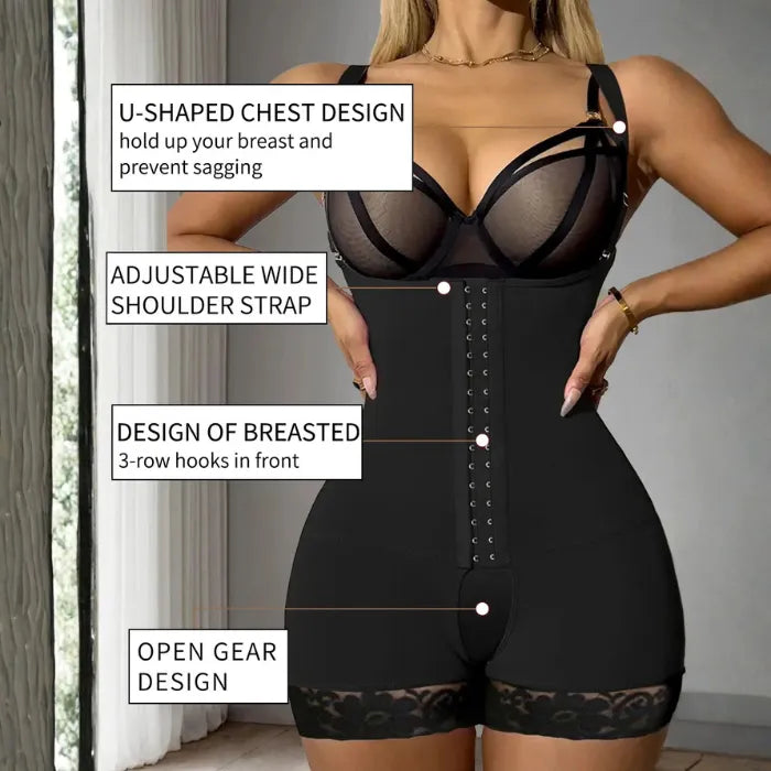 Rose side view of Tummy Control Bodysuit showing double-layer fabric and anti-slip lace design.