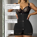 Rose side view of Tummy Control Bodysuit showing double-layer fabric and anti-slip lace design.