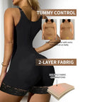 Black Tummy Control Bodysuit with 2-layer fabric and high compression for strong belly support.