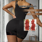 Black Tummy Control Bodysuit enhancing hips and curves with peach lift before and after view.