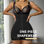 Black one-piece Tummy Control Bodysuit with front hooks, lace trim, and full compression fit.