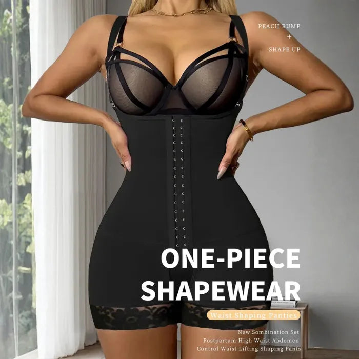 Black one-piece Tummy Control Bodysuit with front hooks, lace trim, and full compression fit.