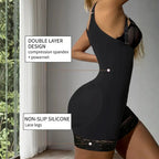 Tummy Control Bodysuit in black showing side view with double-layer fabric and non-slip lace trim.