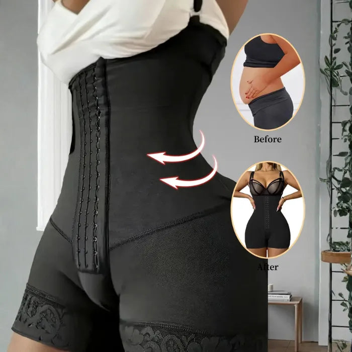 Beige Tummy Control Bodysuit worn in bedroom setting with front hooks and lace hem for full control.