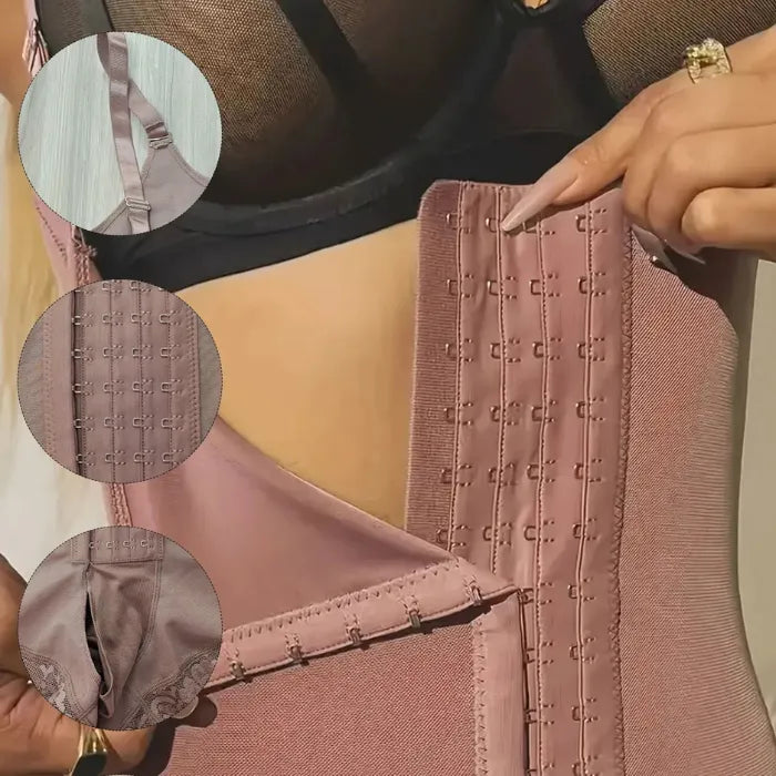 Closeup of Tummy Control Bodysuit front hooks, straps, and crotch detail with secure stitching.