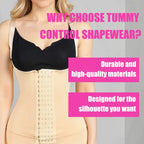 Tummy Control Bodysuit in beige with hook closure, designed with high-quality, durable materials.