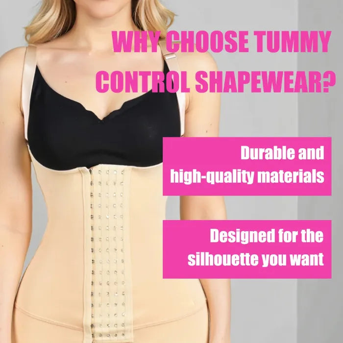 Tummy Control Bodysuit in beige with hook closure, designed with high-quality, durable materials.
