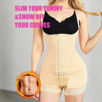 Tummy Control Bodysuit in beige with tummy slimming and curve enhancement text and flame graphic.