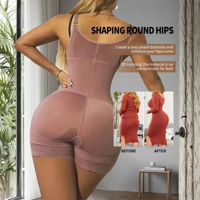 Tummy Control Bodysuit in rose showing lifted hips and defined curves with before and after results.