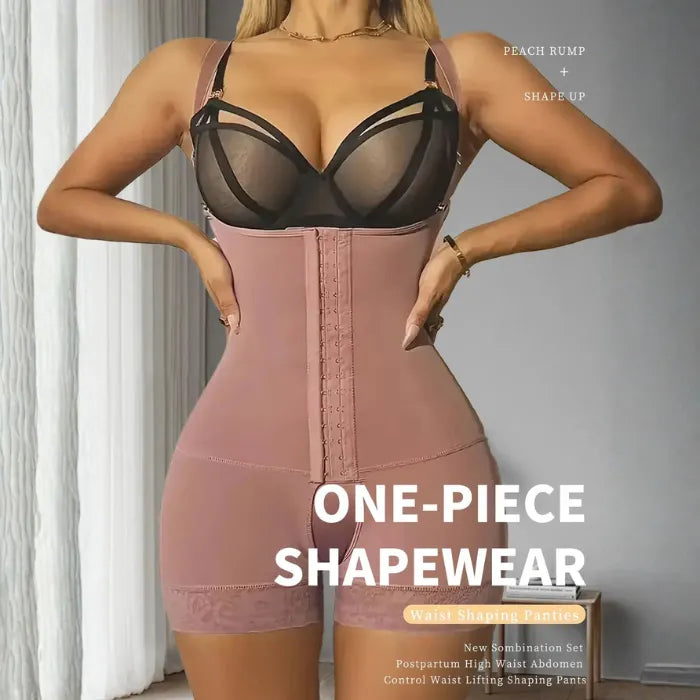 Rose Tummy Control Bodysuit with front hook design and lace trim for full body shaping support.