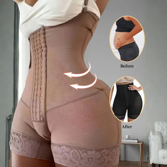 Tummy Control Bodysuit with firm waist compression and visible slimming before and after results.