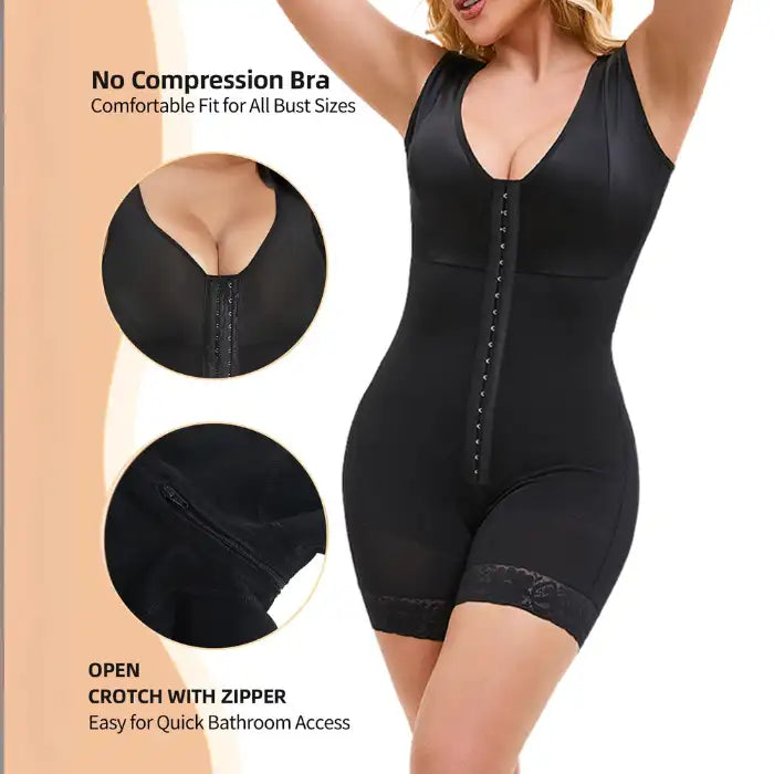 Tummy control shapewear with open crotch zipper and no compression bra for comfort and easy access