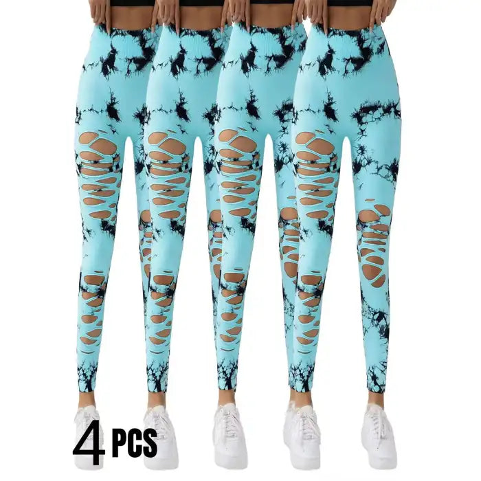 4-pack of Tummy Control Yoga Pants in light blue with black dye and cutouts, shown front-facing.
