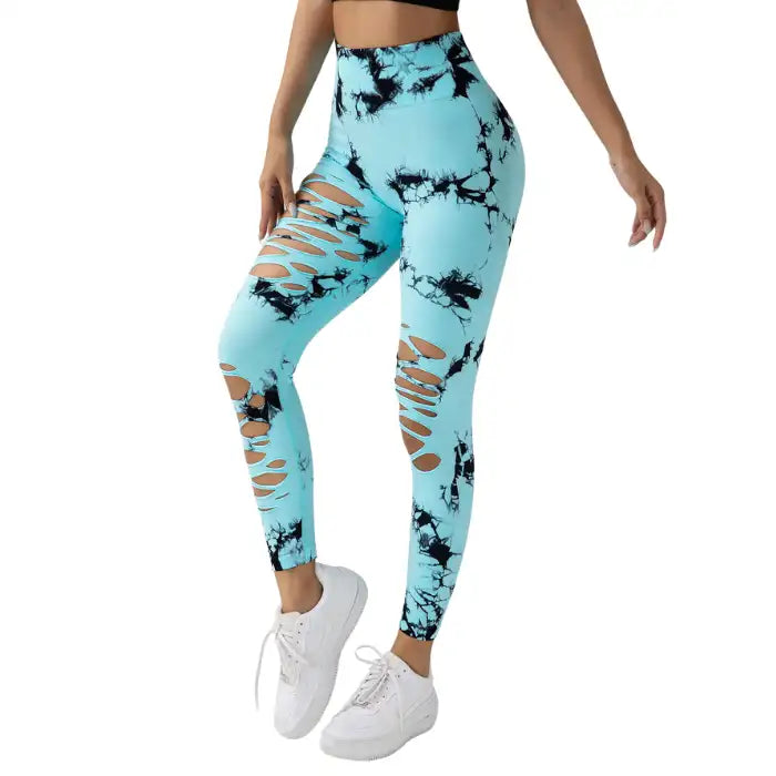 Tummy Control Yoga Pants in light blue with black tie-dye and side slits, shown angled front view.