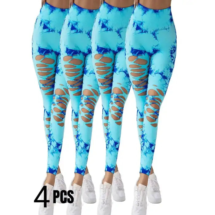 Tummy Control Yoga Pants 4-pack in aqua with vivid blue tie-dye print and slashed front design.