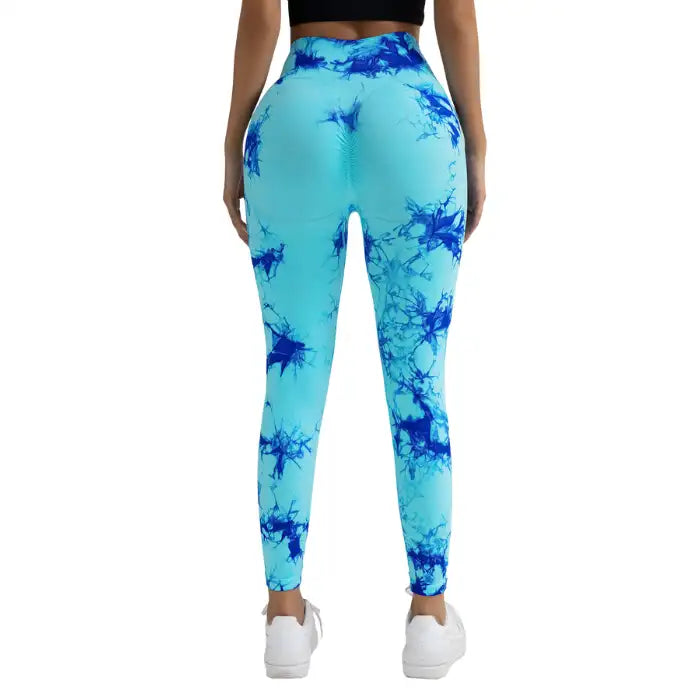 Tummy Control Yoga Pants in aqua and blue tie-dye, shown from back with scrunch detailing.