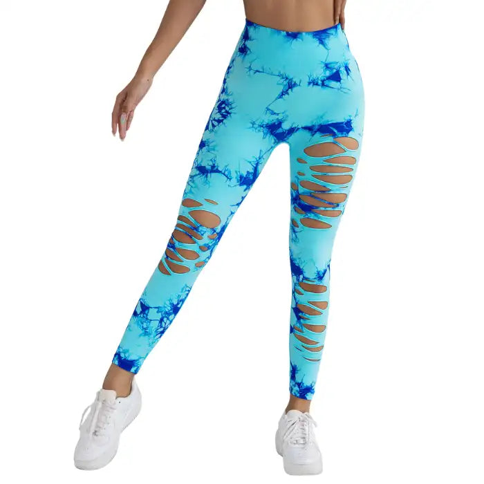 Tummy Control Yoga Pants in aqua blue with electric blue tie-dye and leg slits, shown facing forward.