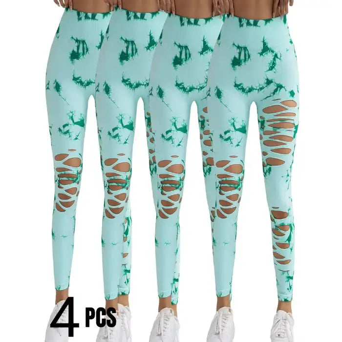 Tummy Control Yoga Pants 4-pack in mint green with dark green tie-dye and stylish leg cutouts.