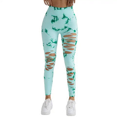 Tummy Control Yoga Pants in mint green with green tie-dye pattern and thigh slits, shown from front.