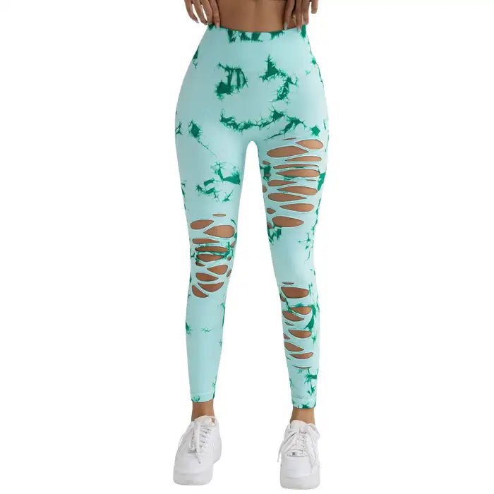 Tummy Control Yoga Pants in mint green with green tie-dye pattern and thigh slits, shown from front.
