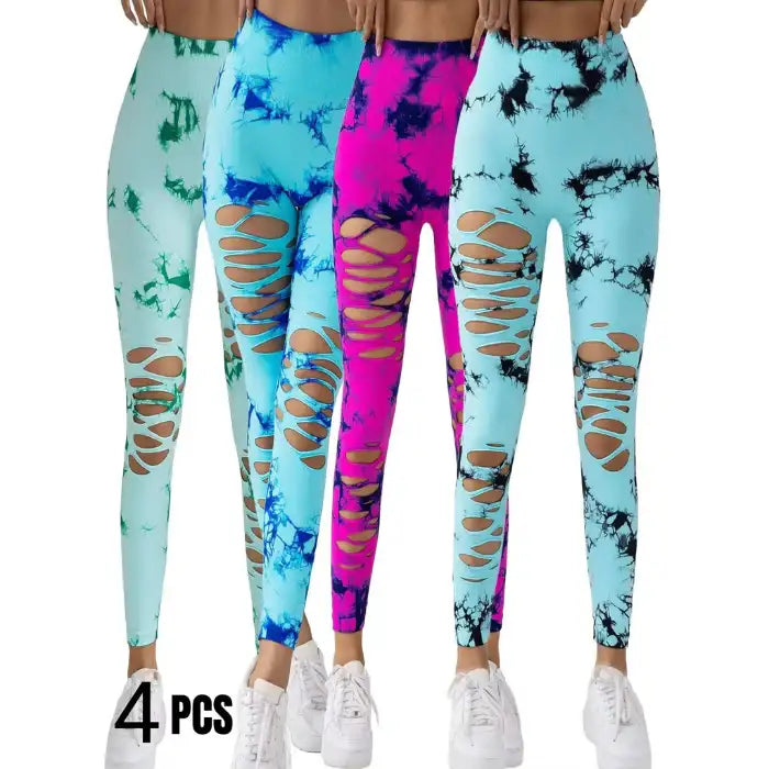 Tummy Control Yoga Pants 4-pack in assorted tie-dye colors including blue, pink, green, and black.