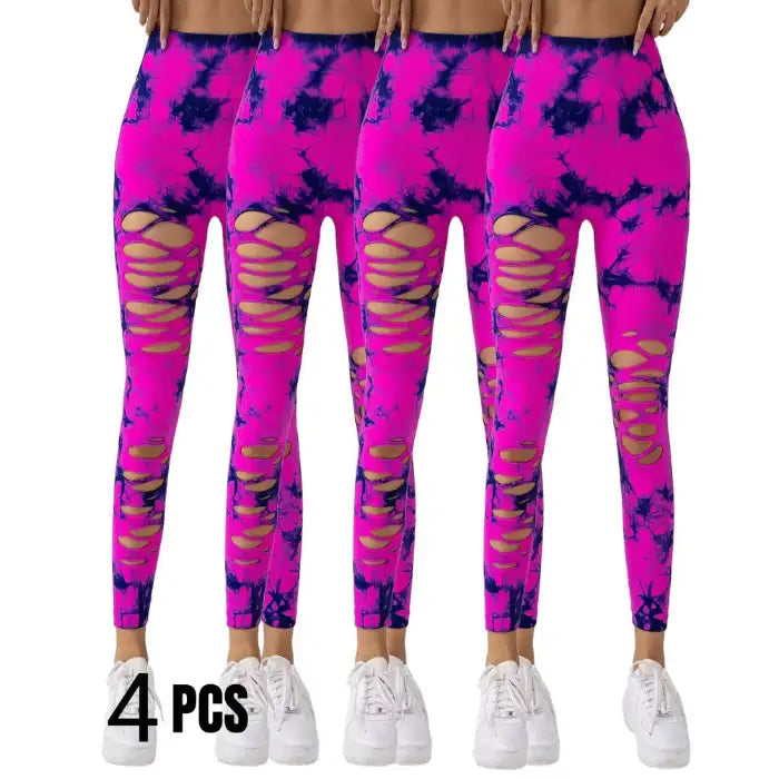 Tummy Control Yoga Pants 4-pack in vibrant pink with navy tie-dye pattern and thigh slits.