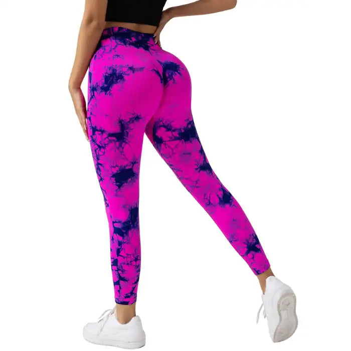 Tummy Control Yoga Pants in pink with black tie-dye design, high waist and scrunch back fit