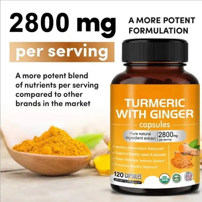 A single bottle of turmeric with ginger capsules, showcasing 2800mg potency and health benefits.