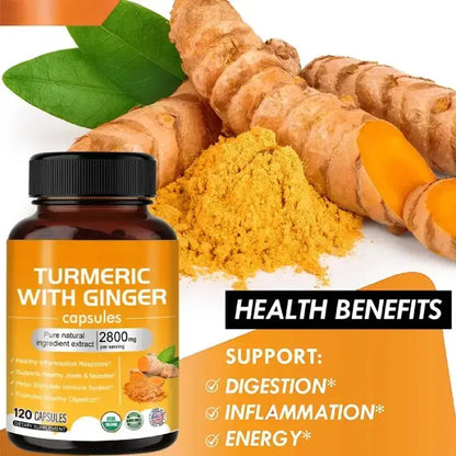 Turmeric with ginger capsules with turmeric roots and powder, highlighting digestion, inflammation, and energy benefits.