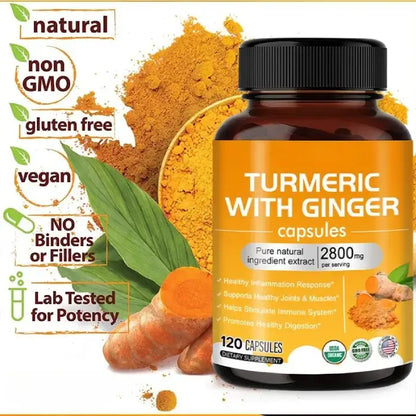 Turmeric with ginger capsules surrounded by turmeric powder and leaves, emphasizing natural, vegan, and non-GMO features.