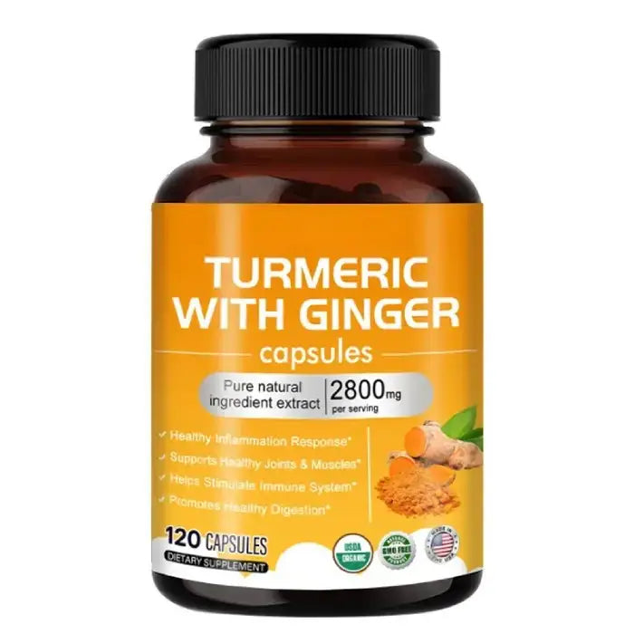 Turmeric with ginger capsules with turmeric powder, highlighting 2800mg potency and nutrient-rich formulation.