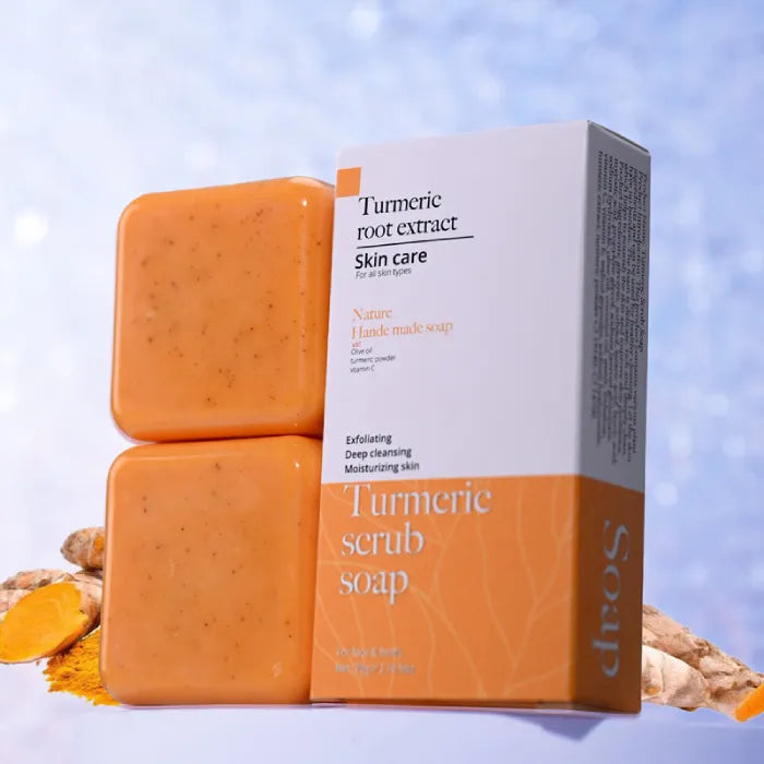 Turmeric root extract scrub soap with packaging, ideal for all skin types.