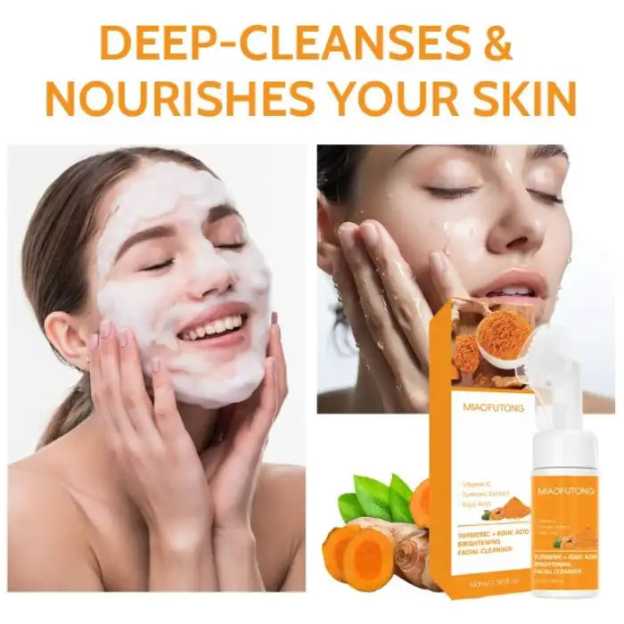 Turmeric skin cleanser used by women with foaming action for deep facial cleansing and nourishment.