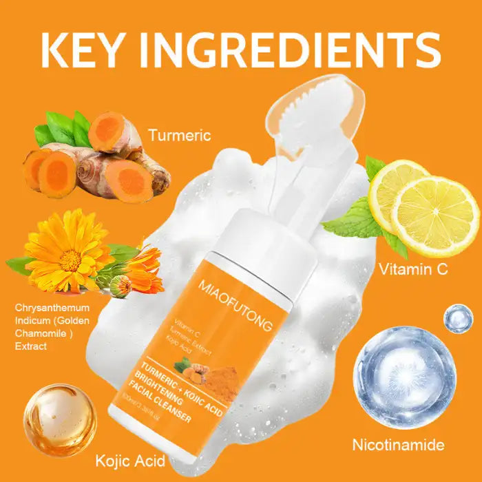 Turmeric skin cleanser with key ingredients including turmeric, kojic acid, and vitamin C.