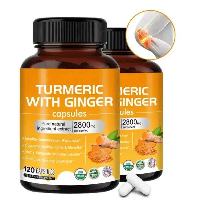 Two bottles of turmeric with ginger capsules, highlighting joint health benefits with a knee joint illustration.