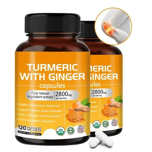 Two bottles of turmeric with ginger capsules, highlighting joint health benefits with a knee joint illustration.