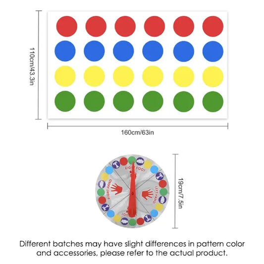 Product specifications showing twister game mat dimensions 160x110cm and 19cm spinner with colored dots pattern layout details