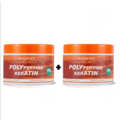 Two orange Phofay Poly Peptide Keratin jars promoting hair repair.