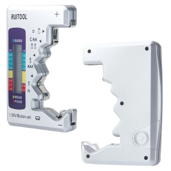 Two-part battery tester showing the interior design and labeled slots for testing different types of batteries.